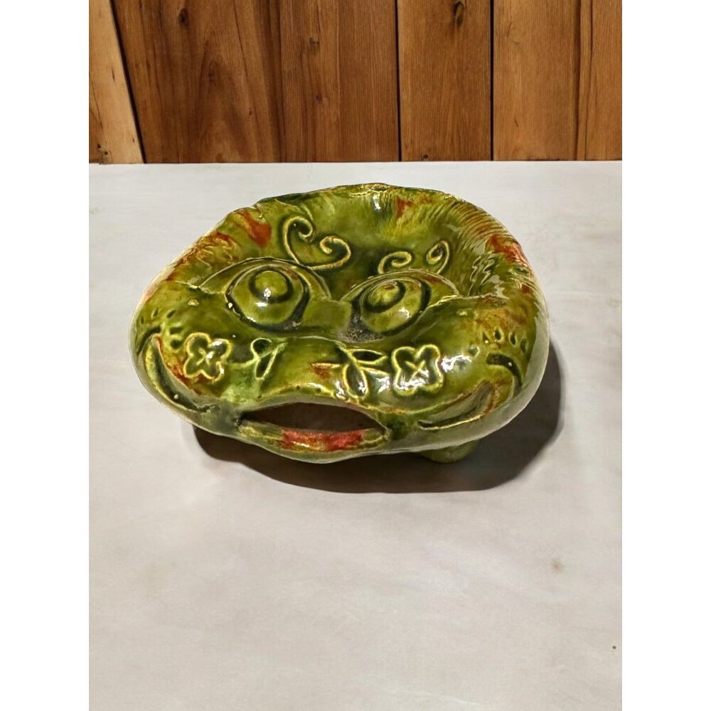 Vintage Green Ceramic Frog With Hand-Painted Details Figurine